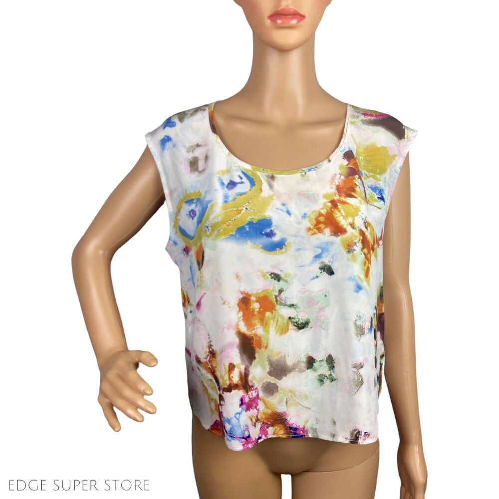 Matty M Orange Blue Yellow Silk Short Sleeve Scoop Neck Blouse Top Size Small